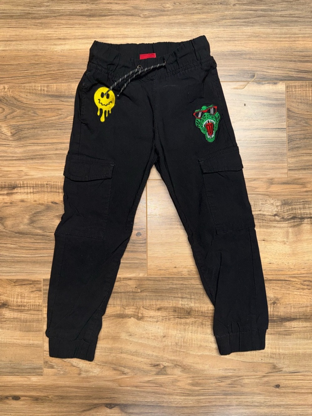 Ring of Fire Kids Black Cargo Joggers with Green Dino Patch